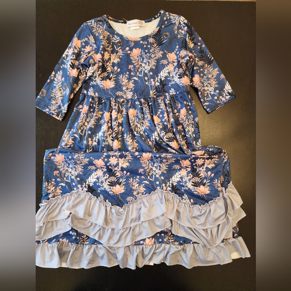 Floral Blue and Pink Dress with Ruffle Details